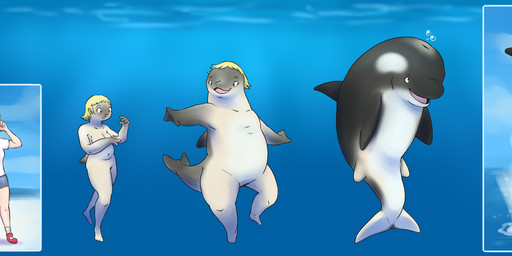 black_body blonde_hair blowhole bottomwear breasts clothing eyes_closed female feral fin five_frame_sequence growth hair human_to_feral multi_frame_sequence nude open_mouth shirt shorts smile solo species_transformation standing tail tail_growth topwear transformation transformation_sequence water white_body subakitsu aquatic cetacean dolphin human mammal oceanic_dolphin orca toothed_whale 2018 digital_media_(artwork) hi_res sequence