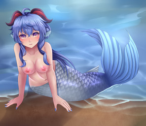 2_horns alternate_species areola blue_hair blue_tail breasts ear_fins female fin hair horn light_body light_skin mermaidification navel nipples nude nude_female solo split_form tail water zephylyne genshin_impact mihoyo ganyu_(genshin_impact) aquatic humanoid_merfolk merfolk 2025 absurd_res hi_res