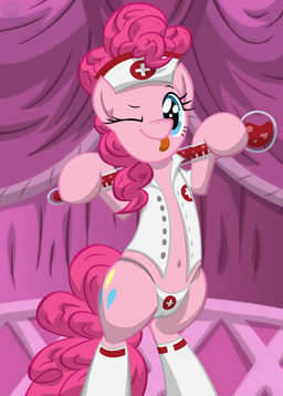 blue_eyes camel_toe clothed clothing curled_tail curly_mane cutie_mark eyelashes female female_feral feral hair hat headgear headwear legwear looking_at_viewer mane navel nurse_clothing nurse_hat nurse_headwear nurse_uniform one_eye_closed open_clothing open_shirt open_topwear pink_body pink_mane pink_tail scientific_instrument shirt solo standing stockings tail thermometer thong tongue tongue_out topwear underwear uniform upright_feral wink winking_at_viewer template93 friendship_is_magic hasbro my_little_pony pinkie_pie_(mlp) equid equine horse mammal pony absurd_res cel_shading colored digital_drawing_(artwork) digital_media_(artwork) hi_res shaded