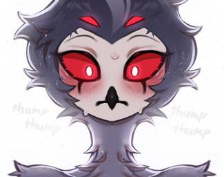 4_eyes anthro beak black_beak blush blush_lines bodily_fluids embarrassed fur grey_body grey_fur hair heartbeat looking_at_viewer male multi_eye nude pupils red_eyes simple_background solo white_background white_pupils yamorio hellaverse helluva_boss stolas_(helluva_boss) avian bird demon owl owl_demon 2026 hi_res