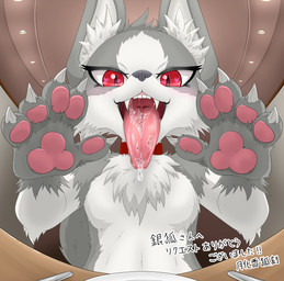 5_fingers anthro blush bodily_fluids breasts claws drooling fangs featureless_breasts female female_anthro finger_claws fingers fur grey_body grey_fur heart_eyes heart_symbol kemono looking_at_viewer low-angle_view mouth_shot open_mouth pawpads paws red_eyes saliva saliva_on_tongue saliva_string solo teeth text tongue tongue_out uvula white_body white_fur tuberosekotoki canid canine fox mammal red_fox silver_fox true_fox 2022 absurd_res digital_media_(artwork) hi_res japanese_text translation_request