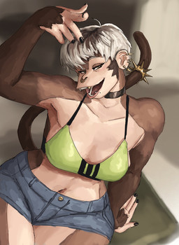 accessory anthro arm_support biped black_nails blonde_hair blurred_background body_hair bottomwear breasts brown_body brown_fur choker clothed clothing colored_nails crop_top denim denim_bottomwear denim_clothing denim_shorts ear_piercing eyelashes facial_piercing fangs female female_anthro fur furgonomics gesture gold_(metal) gold_piercing gold_tooth green_eyes hair hair_dye hand_gesture jewelry lipstick looking_at_viewer makeup midriff mole_under_mouth nails navel necklace neckwear nipples nose_piercing piercing pointing raised_arm ring shirt short_hair shorts sitting solo spiked_tailband spikes tail tail_accessory tail_jewelry tail_ring tailband teeth topwear redustheriotact oona_(jeibon) capuchin_monkey cebid haplorhine mammal monkey new_world_monkey primate 2025 colored detailed digital_drawing_(artwork) digital_media_(artwork) digital_painting_(artwork) hi_res painting_(artwork) procreate_(artwork)