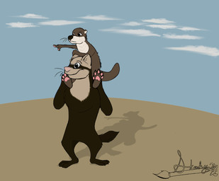 anthro brown_body brown_fur carrying_another carrying_partner casual_nudity cloud duo fur gesture hand_gesture larger_male looking_offscreen male male/male male_carrying_male pointing shadow simple_background size_difference smaller_male sketchyartist domestic_ferret mammal mustelid musteline otter true_musteline weasel