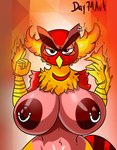 5_fingers anthro avian big_breasts bird bohboh breasts day74art elemental_creature female fingers fire fire_creature fur hi_res huge_breasts kirby_squeak_squad nipple_piercing nipple_ring nipples owl piercing raccoon_tail red_body ring_piercing solo yellow_body yellow_fur