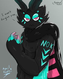 claws dialogue holidays latex male stare riggedreded april_fools'_day nokrull_(riggedreded) arthropod insect lepidopteran moth 2025 hi_res