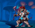 armor axe boob_armor double_bitted_axe dual_wielding female holding_object holding_weapon melee_weapon plantigrade scepter solo warrior weapon pablocomics blizzard_entertainment warcraft bear mammal pandaren hi_res