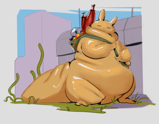 ambiguous_gender anthro backpack belly big_belly big_tail blue_fruit_(rain_world) bubble_fruit building dewlap_(anatomy) eyes_closed food glistening glistening_body grass huge_tail orange_body overweight overweight_ambiguous overweight_anthro plant popcorn_plant slime_mold_(rain_world) solo squish tail citrusslugcat rain_world videocult gourmand_(rain_world) slugcat