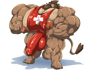 anthro balls big_balls big_bulge big_muscles big_pecs big_penis breasts brown_hair bulge clothing genitals hair huge_balls huge_bulge huge_muscles huge_pecs huge_penis hyper hyper_balls hyper_bulge hyper_genitalia hyper_muscles hyper_pecs hyper_penis male muscular muscular_anthro muscular_male nipple_slip nipples one_breast_out pecs penis plantigrade simple_background smile solo swimwear vein veiny_muscles white_background bobert felid lion mammal pantherine 2019