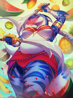 5_fingers accessory anthro armband banana belly bellydancer_outfit big_breasts bikini blue_body blue_skin bottomwear bracelet breasts claws clothed clothing coconut drupe_(fruit) face_veil female fin fingers food fruit holding_melee_weapon holding_object holding_sword holding_weapon jewelry lemon lime looking_at_viewer mango_(fruit) melee_weapon melon midriff non-mammal_breasts overweight overweight_female pineapple plant pupils purple_eyes scimitar sharp_teeth slit_pupils smile solo standing star_fruit striped_body stripes swimwear sword tail teeth topwear two-piece_swimsuit under_boob veil watermelon weapon white_body white_skin saphgriffin aquatic fish shark digital_media_(artwork) hi_res