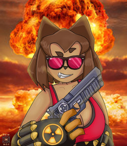 anthro breasts brown_hair clothing eyewear fangs female gun hair handgun holding_gun holding_object holding_ranged_weapon holding_weapon looking_at_viewer nuclear pistol ranged_weapon shirt smile solo sunglasses tan_body tank_top teeth topwear weapon seibmoz_cir duke_nukem_(series) duke_nukem_forever gameoverse glitch_productions duke_nukem kit_bodega domestic_cat felid feline felis mammal 2026 crossover hi_res