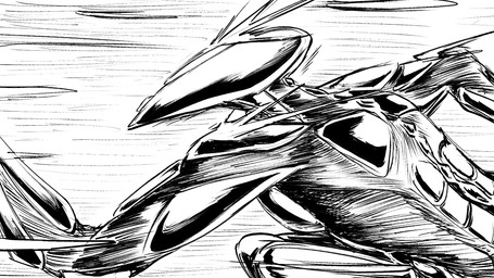 ambiguous_gender bullet machine metal motion_lines projectile_deflection running shot_in_head shoulder_pads sparks spine sprinting dragonweirdo robot 16:9 hi_res monochrome widescreen