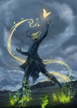 5_fingers anthro antlers black_clothing bone boots clothing cloven_hooves coat electricity fantasy fingers flower footwear glowing glowing_eyes green_eyes growing_plants hooves horn humanoid_hands latex lightning magic magic_user male mountain mountain_range nature plant shoes skull skull_head sky skyscape solo spell storm summoning topwear unusual_clothing conditional_dnp royz deer mammal unknown_species hi_res