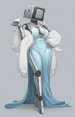 5_fingers beverage big_breasts biped blue_clothing blue_dress breasts cathode_ray_tube clothed clothing dress female fingers footwear for_a_head gem grey_background hand_on_hip high_heels holding_beverage holding_object jewelry machine necklace pearl_(gem) pearl_necklace screen screen_face shoes simple_background solo sparkles standing wide_hips auveiss melissa_graceford_(auveiss) humanoid object_head robot screen_head 2026 absurd_res hi_res