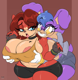 anthro areola big_breasts blue_eyes blue_hair bodily_fluids bottomwear bracelet breast_grab breast_play breasts brown_nose choker clothing countershade_face countershade_torso countershading denim denim_clothing denim_jacket denim_topwear duo eyelashes eyewear female female/female fingerless_gloves fondling from_behind_position fur glasses gloves hair hand_on_breast handwear hotpants jacket jewelry markings midriff mole_(marking) nails necklace open_mouth purple_body purple_fur red_body red_fur red_hair sex shirt shorts simple_background smile star_eyes sweat sweatdrop tank_top toothy_grin topwear shadowthespirit fan_character samsara_the_mink lagomorph leporid mammal mink mustelid musteline rabbit true_musteline absurd_res hi_res signature