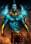 blue_body blue_skin claws clothed clothing ear_piercing glowing glowing_eyes jewelry looking_at_viewer magic male multi_arm multi_limb necklace not_furry piercing solo text topless yellow_eyes the-last-phantom shiva deity absurd_res english_text hi_res