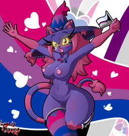 anthro areola bangs bent_leg bisexual_pride_colors black_lipstick blush bodily_fluids breasts clothing collarbone demisexual_pride_colors ears_through_headwear eyelashes female flag flag_(object) footwear genital_fluids genitals glowing glowing_eyes hair happy hat headgear headwear holding_flag holding_object holding_pride_flag innie_vulva jewelry legwear lgbt_pride lipstick long_hair looking_at_viewer magic_user makeup markings navel necklace nipples nude open_mouth open_smile orange_eyes pattern_clothing pattern_footwear pattern_legwear pattern_socks pattern_stockings pattern_thigh_highs pink_areola pink_hair pink_nipples pink_tongue pokemorph pride_color_background pride_color_clothing pride_color_face_paint pride_color_jewelry pride_color_legwear pride_color_necklace pride_color_stockings pride_color_thigh_highs pride_color_thigh_socks pride_colors purple_body raised_arms simple_background smile smiling_at_viewer socks solo spread_arms stockings striped_clothing striped_footwear striped_legwear striped_markings striped_socks striped_stockings striped_tail striped_thigh_highs stripes tail tail_markings tail_tuft thick_thighs thigh_highs tongue tuft vaginal_fluids vulva witch witch_hat yellow_sclera lunaris_parukia lgbt_pride_month nintendo pokemon pride_month_2025 maggie_(lunaris_parukia) felid generation_4_pokemon mammal mismagius pokemon_(species) 2025 absurd_res digital_media_(artwork) hi_res