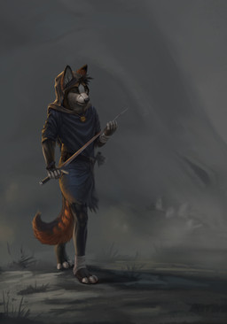 anthro axe bandage clothing hatchet hood jewelry melee_weapon pendant solo sword weapon conditional_dnp goodwolf royz canid canine fox mammal hi_res