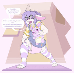 anthro babying_viewer bracelet clothing dialogue diaper eyewear female fur glasses hair holding_object holding_plushie hypnotizing_viewer jewelry legwear looking_at_viewer looking_down open_mouth open_smile overalls pattern_clothing pattern_legwear pattern_shirt pattern_topwear plushie purple_diaper purple_hair shirt skirtalls smile solo spiral spiral_eyes striped_clothing striped_legwear striped_shirt striped_topwear stripes text topwear white_body white_fur bubblepuppers lagomorph leporid mammal rabbit english_text hi_res