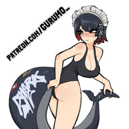 accessory black_hair breasts cleavage clothed clothing clothing_pull female frilly frilly_accessory frilly_hairband hair hair_accessory hairband hand_on_own_tail hand_on_tail one-piece_swimsuit red_eyes shark_tail solo swimwear tail text gurumo mihoyo zenless_zone_zero ellen_joe animal_humanoid aquatic aquatic_humanoid fish fish_humanoid humanoid shark shark_humanoid thiren 1:1 hi_res url