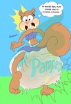 anthro big_diaper bikini clothing diaper embarrassed feces female soiled_diaper solo squirrel_tail swimwear text two-piece_swimsuit unclean_diaper used_diaper wetness_indicator sippysips nickelodeon pampers spongebob_squarepants sandy_cheeks mammal rodent sciurid tree_squirrel english_text