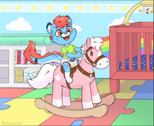 ambiguous_gender anthro baby_mobile blue_body blue_fur bodily_fluids changing_table clothed clothing crib diaper diaper_package fur genital_fluids green_clothing green_shirt green_topwear hair happy horn long_tail markings neonate nursery open_mouth open_smile pantsless playing_with_toys red_body red_eyes red_fur red_hair riding_toy shirt sitting smile solo spots spotted_markings tail tail_mane topwear unclean_diaper urine used_diaper wet_diaper white_body white_fur wooden_horse young young_ambiguous young_anthro smolskeenie mythology cheetah dragon felid feline hybrid mammal mythological_creature mythological_scalie scalie hi_res male_(lore)