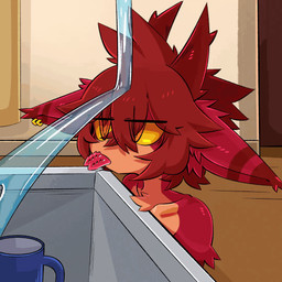2_horns anthro arm_tuft barbed_tongue chest_tuft collarbone container cup ear_markings ear_piercing ear_ring ear_tuft eye_through_hair forked_tongue fur glistening glistening_body glistening_skin hair horn licking male markings mug orange_body orange_eyes orange_fur piercing red_body red_fur red_hair red_horn red_markings ring_piercing sink solo tongue tongue_out translucent translucent_hair tuft water yellow_sclera gaogomon gaogomon_(oc) furred_kobold furred_scalie kobold scalie 1:1 2026 2d_animation animated