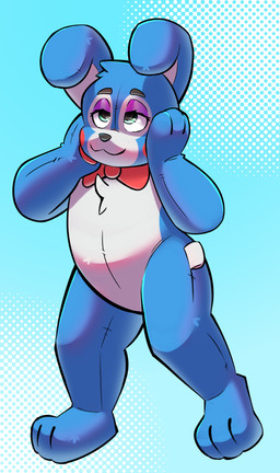 anthro blue_background blue_body blue_eyes bow_tie clothing costume dotted_background fursuit hand_on_face male pattern_background plushie plushie_tag plushification plushsuit simple_background solo standing trapped_in_fursuit white_background white_body alsif_santoso bobbie_(bobbiethebunny) lagomorph leporid mammal rabbit absurd_res hi_res