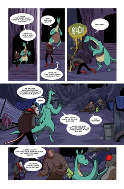 anthro backpack blue_body blue_scales bodily_fluids bone boots brown_body brown_fur clothed clothing dialogue dot_eyes electronics empty_eyes footwear fur green_body green_skin headphones hoodie male on_ground red_eyes scales scarf shoes simple_eyes speech_bubble tan_body tan_scales teeth tent text tire topwear underground vomit vomiting vomiting_on_ground mustachemutt american_mythology mythology mothman american_opossum arthropod chupacabra cryptid dinosaur humanoid mammal marsupial prehistoric_species reptile sasquatch scalie virginia_opossum 2020 comic digital_media_(artwork) english_text hi_res