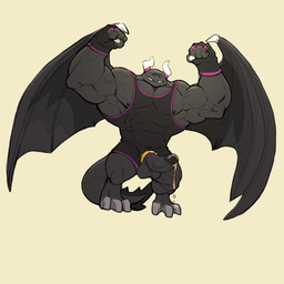 2_horns accessory anthro claws clothing cock_ring dark_body fingerless_gloves flexing gloves handwear horn jewelry leaky_cock male membrane_(anatomy) membranous_wings muscular muscular_anthro muscular_male penis_accessory penis_jewelry shirt tail tank_top teeth topwear wings wrestling_singlet rickleone nintendo ring_fit_adventure dragaux hi_res