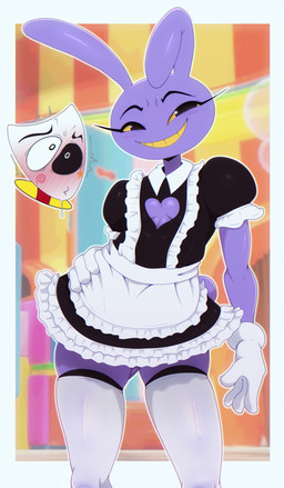 anthro blush clothing dress duo female hands_on_hips legwear looking_at_viewer maid_uniform male smile standing tail thigh_highs uniform bigdon1992 glitch_productions the_amazing_digital_circus gangle_(tadc) jax_(tadc) lagomorph leporid mammal rabbit 2026 absurd_res digital_media_(artwork) hi_res