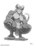 abs animal_genitalia animal_penis anthro balls barazoku breasts crouching feet fingers flaccid fur genitals horn looking_at_viewer male multi_ear muscular muscular_anthro muscular_male nipples nude pecs penis saggy_balls sheath simple_background smile solo tail teeth toes tintiai guild_wars charr felid mammal digital_media_(artwork) greyscale hi_res monochrome sketch