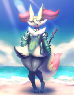 beach breasts clothing female green_eyes light omnitrix one-piece_swimsuit small_breasts solo sunlight swimwear thick_thighs shoko_steff ben_10 cartoon_network nintendo pokemon den10 braixen generation_6_pokemon pokemon_(species) absurd_res full-length_portrait hi_res portrait