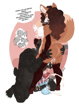 anthro areola balls big_breasts big_butt black_body breasts broken_condom brown_body butt butt_grab clenched_teeth condom cunnilingus dialogue duo ear_piercing ear_ring ejaculation erect_nipples eyes_closed female genitals hand_on_butt humanoid_genitalia humanoid_penis kneeling male male/female muscular muscular_male nipples nude oral orange_body penile penile_spines penis piercing puffy_areola ring_piercing sex sexual_barrier_device side_boob speech_bubble teeth text vaginal roly camila_(sigfigures) mateo_(sigfigures) canid canine felid fox leopard mammal pantherine prehistoric_species saber-toothed_tiger 2022 hi_res spanish_text translated