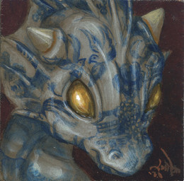 2_horns ambiguous_gender blue_markings feral horn markings simple_background snout solo yellow_eyes jasmine_becket-griffith mythology dragon mythological_creature mythological_scalie reptile scalie 2020 acrylic_painting_(artwork) dated formal_art hi_res painting_(artwork) traditional_media_(artwork) traditional_painting_(artwork)