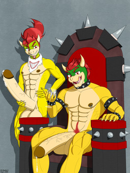 abs age_difference aged_up anthro balls biceps big_balls big_penis bodily_fluids chair collar container cum cum_in_a_cup cum_in_container cup duo erection facial_hair furniture genital_fluids genitals glans goatee hair horn huge_balls huge_penis humanoid_genitalia humanoid_penis looking_at_viewer male male/male muscular muscular_anthro muscular_male nipples nude older_male open_mouth pecs penis precum pubes red_hair simple_background smile spikes teeth thick_penis throne tongue tongue_out vein veiny_penis younger_male dustin_c bowser_day mario_bros nintendo bowser bowser_jr. dragon_koopa koopa scalie 3:4 absurd_res digital_media_(artwork) hi_res father_(lore) parent_(lore) parent_and_child_(lore) son_(lore)