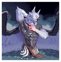 5_fingers abs anthro back_wings beak biped black_body black_claws black_feathers black_wings blue_body blue_feathers blue_fur blue_wings border bottomwear brown_bottomwear brown_clothing brown_loincloth claws clothed clothed_anthro clothed_male clothing feathered_wings feathers fingers front_view fur hand_behind_own_head leg_markings loincloth loincloth_only looking_aside male markings muscular muscular_anthro muscular_male narrowed_eyes neck_tuft open_beak open_mouth open_smile partially_submerged pink_body pose pupils red_eyes smile solo spread_wings tongue_showing topless topless_anthro topless_male tuft water wet wet_body white_border white_markings wings kingarthur_i avian 2023 digital_drawing_(artwork) digital_media_(artwork) hi_res portrait three-quarter_portrait