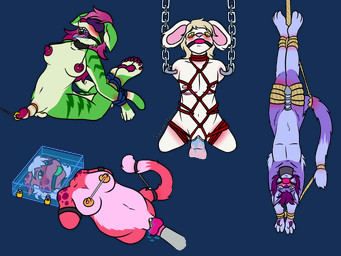 4_missing_limbs amputee andromorph anthro arms_tied ball_gag balls bdsm blindfold blush bondage bound breasts chain chained chastity_cage chastity_device collar countershading dildo dildo_in_vagina dildo_insertion disability feet_tied female fur gag genital_piercing genital_torture genitals green_body green_fur group gynomorph hair hands_tied hogtied intersex lock male mastectomy_scar navel nipple_chain_to_collar nipples padlock pawpads penetration penis penis_piercing piercing pink_body pink_fur pink_hair purple_body purple_fur purple_hair restraints ring_gag rope rope_bondage rope_harness scar sex_toy sex_toy_in_vagina sex_toy_insertion slightly_chubby spots submerged_head tail tail_tied torture upside_down vaginal vaginal_penetration vulva white_body white_fur sandentwins canid canine canis domestic_dog felid feline lagomorph leporid mammal rabbit 4:3 alpha_channel hi_res