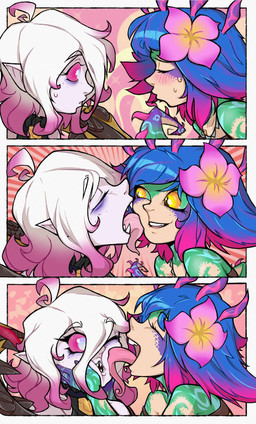 accessory blue_hair bodily_fluids duo eyes_closed face_lick female female/female flower flower_in_hair green_body green_sclera hair hair_accessory happy highlights_(coloring) humanoid_pointy_ears intimate licking light_body light_skin long_tongue looking_at_another markings multicolored_body pale_skin pink_highlights plant pointy_ears pupils red_sclera sharp_teeth slit_pupils sweat tail teeth tongue white_eyes white_hair yellow_eyes mihaan4 league_of_legends riot_games tencent briar_(lol) neeko_(lol) animal_humanoid chameleon_humanoid humanoid lizard_humanoid reptile reptile_humanoid scalie scalie_humanoid vampire absurd_res comic hi_res
