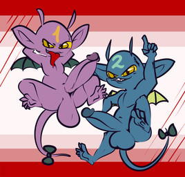 accessory balls big_balls big_penis duo furgonomics genitals humanoid_genitalia humanoid_penis male male/male mostly_nude penis presenting presenting_penis simple_background tail tail_accessory thefablednekos yu-gi-oh! delinquent_duo duel_monster humanoid imp 2021 dated digital_media_(artwork) hi_res