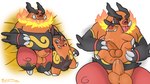 16:9 2022 anthro balls bearmuda duo emboar erection eyes_closed generation_5_pokemon genitals hi_res male male/male nintendo orange_body overweight overweight_male penis pignite pokemon pokemon_(species) sex size_difference tongue tongue_out widescreen