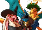 anthro blush breasts clothing costume eye_patch eyewear female green_hair group hair holidays magic_user male pokemorph scar simple_background wig witch saintversa cowboy_bebop halloween konami metal_gear nintendo pokemon spike_spiegel venom_snake blaziken charizard generation_1_pokemon generation_3_pokemon generation_4_pokemon lucario pokemon_(species) absurd_res hi_res