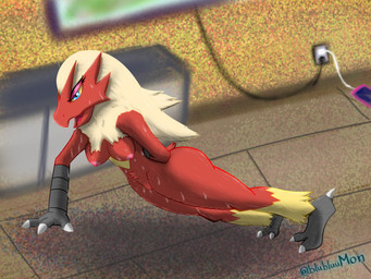 anthro avian_feet blue_eyes bodily_fluids breasts butt claws exercise female genitals hand_behind_back nipples non-mammal_breasts non-mammal_nipples push-up red_body solo sweat vulva blubluumon nintendo pokemon blaziken generation_3_pokemon pokemon_(species) 4:3 hi_res