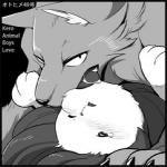 anthro blush duo fur japanese kemono licking male text tongue tongue_out 1boshi canid canine fox lagomorph leporid mammal rabbit 1:1 japanese_text low_res monochrome