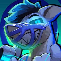 abstract_background anthro biped blue_body blue_eyes blue_hair glowing glowing_eyes hair male muzzle_(object) muzzled needle_and_thread simple_background solo spiral_background sexotheque covyn aquatic fish shark 1:1 2025 digital_media_(artwork) hi_res icon