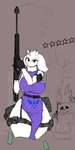 2_horns anthro big_breasts black_clothing black_gloves black_handwear bone breasts clothed clothing dress duo female fingerless_gloves gloves grey_background gun handwear holding_gun holding_object holding_ranged_weapon holding_rifle holding_rocket_launcher holding_weapon hoodie horn leg_pouch looking_at_viewer male pouches purple_clothing purple_dress ranged_weapon red_eyes rifle rocket_launcher simple_background skeleton standing thick_thighs topwear weapon white_horn wide_hipped_female wide_hips maned_kitsune undertale_(series) sans_(undertale) toriel animated_skeleton bovid caprine goat mammal undead 2023 digital_media_(artwork) hi_res