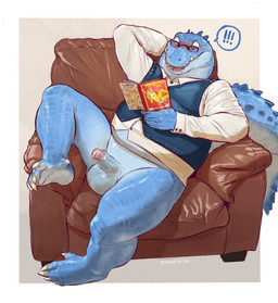 anthro balls belly big_tail blue_body blue_scales bodily_fluids bottomless bottomless_anthro bottomless_male button_(fastener) claws clothed clothing collared_shirt dress_shirt eyewear foreskin furniture genital_fluids genitals glasses humanoid_genitalia humanoid_penis leaning leaning_backward looking_at_porn magazine male on_sofa overweight overweight_anthro overweight_male penis porn_magazine pornography precum reading_magazine scales shirt sofa solo straining_buttons sweater sweater_vest tail thick_tail topwear vest wearing_glasses banana_da_boi alligator alligatorid crocodilian reptile scalie hi_res