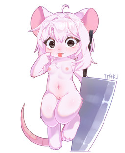 anthro black_eyes blep blush breasts digitigrade eyelashes feet female female_anthro fur genitals hair knife looking_at_viewer mouse_tail navel nude semi-anthro simple_background smile solo text thick_thighs tongue tongue_out vaginal vulva white_body white_fur ttaki mammal mouse murid murine roden rodent hi_res