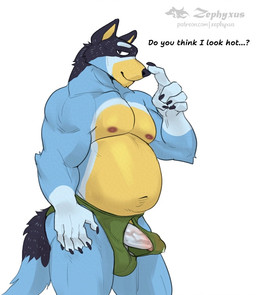anthro biped black_body black_fur blue_body blue_fur bodily_fluids claws clothing countershade_accent erection finger_claws fur genital_fluids genitals humanoid_genitalia humanoid_penis looking_at_viewer male male_anthro monotone_background multicolored_body multicolored_fur overweight overweight_anthro overweight_male penis precum precum_through_clothing precum_through_underwear simple_background smile solo talking_to_viewer tenting text underwear vein veiny_penis wet wet_clothing white_background yellow_body yellow_fur zephyxus bluey_(series) bandit_heeler australian_cattle_dog canid canine canis cattledog domestic_dog herding_dog mammal pastoral_dog 2026 digital_media_(artwork) english_text