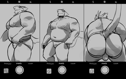 anthro belly bulge bulge_from_behind butt clothing detailed_bulge facial_hair facial_piercing jockstrap looking_at_viewer male musclegut muscular muscular_male navel nipple_piercing nipple_ring nipples nose_piercing pecs phone_camera piercing rear_view ring_piercing septum_piercing small_bulge smile solo underwear aviesergal avie sergal black_and_white hi_res monochrome sequence