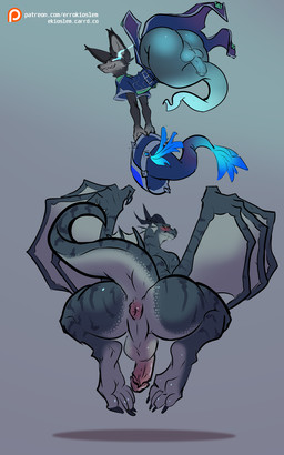 anthro anus backsack balls blush duo genitals ghost_tail glowing glowing_eyes holding_object horn humanoid_genitalia humanoid_penis looking_at_viewer male membrane_(anatomy) membranous_wings penis rear_view simple_background wings errokioslem blizzard_entertainment european_mythology mythology warcraft canid dracthyr dragon mammal mythological_creature mythological_scalie scalie vulpera western_dragon full-length_portrait hi_res portrait
